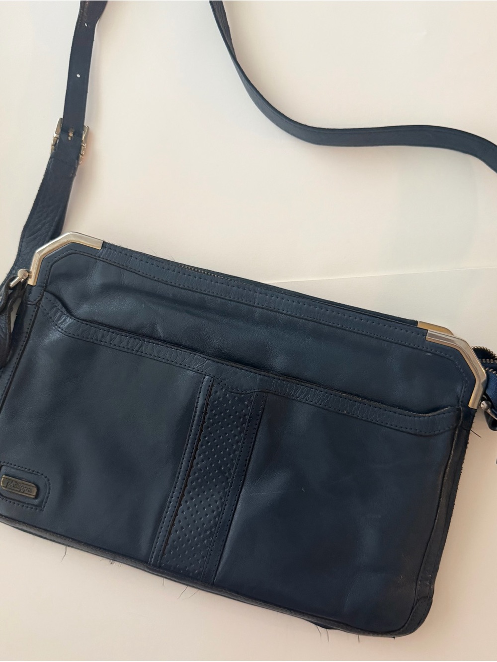 Navy Leather Crossbody Bag with Gold Trim